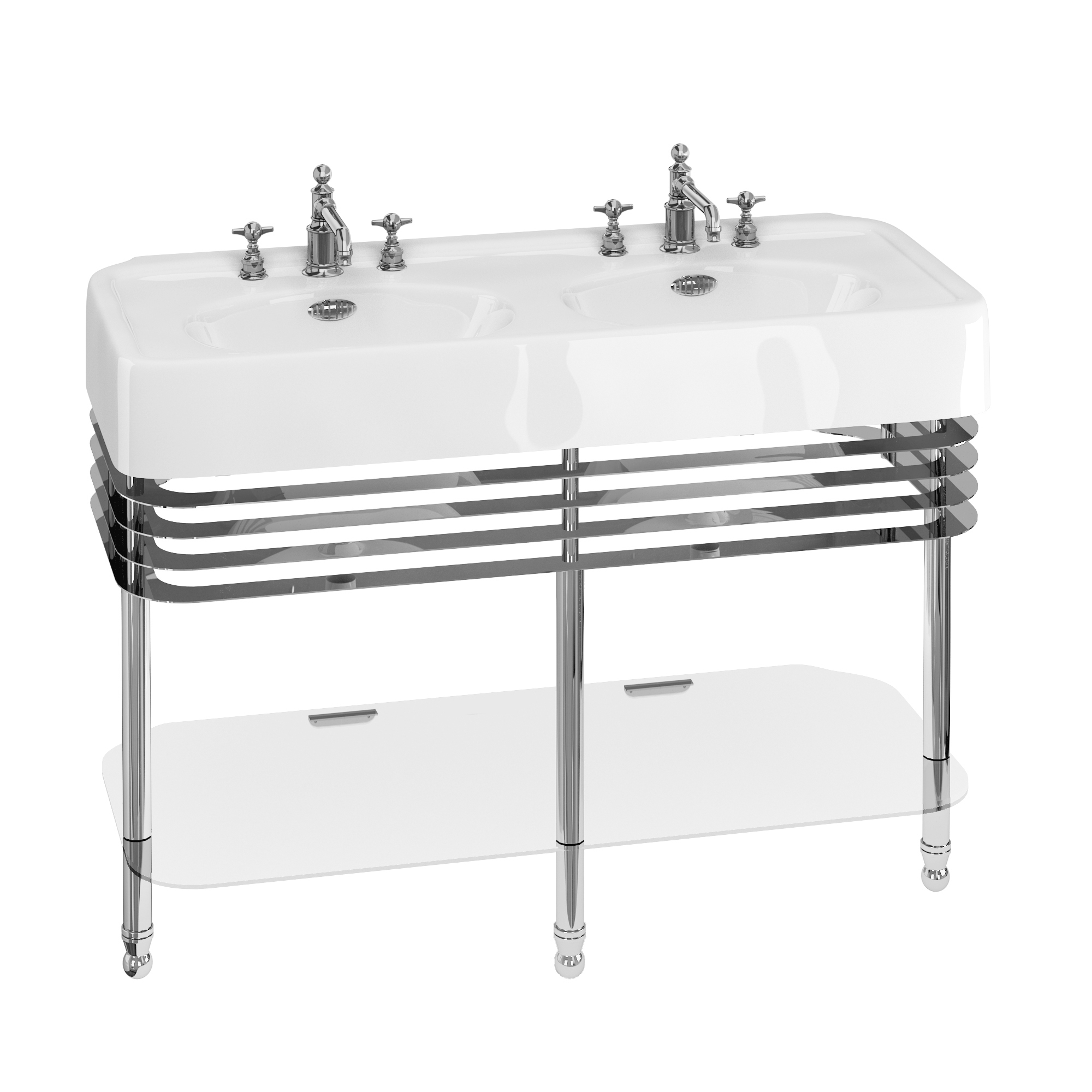 Arcade 1200mm basin with chrome overflow & basin stand with double basin & overflows